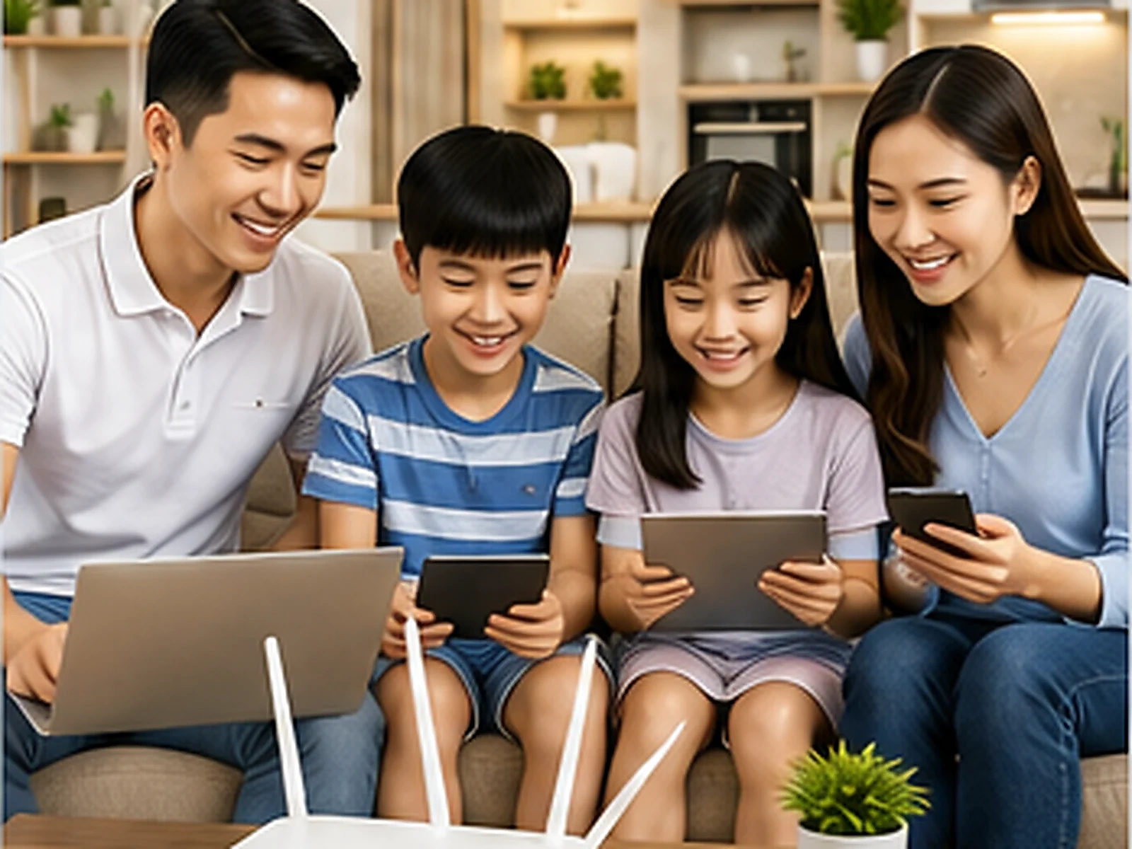 Gia đình nhiều thiết bị kết nối WiFi VNPT tại Cần Giờ